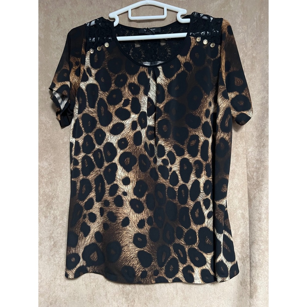 Liz McCoy Leopard Print Lace Shoulder Gold‎ Button Accent Blouse Top Brown Black